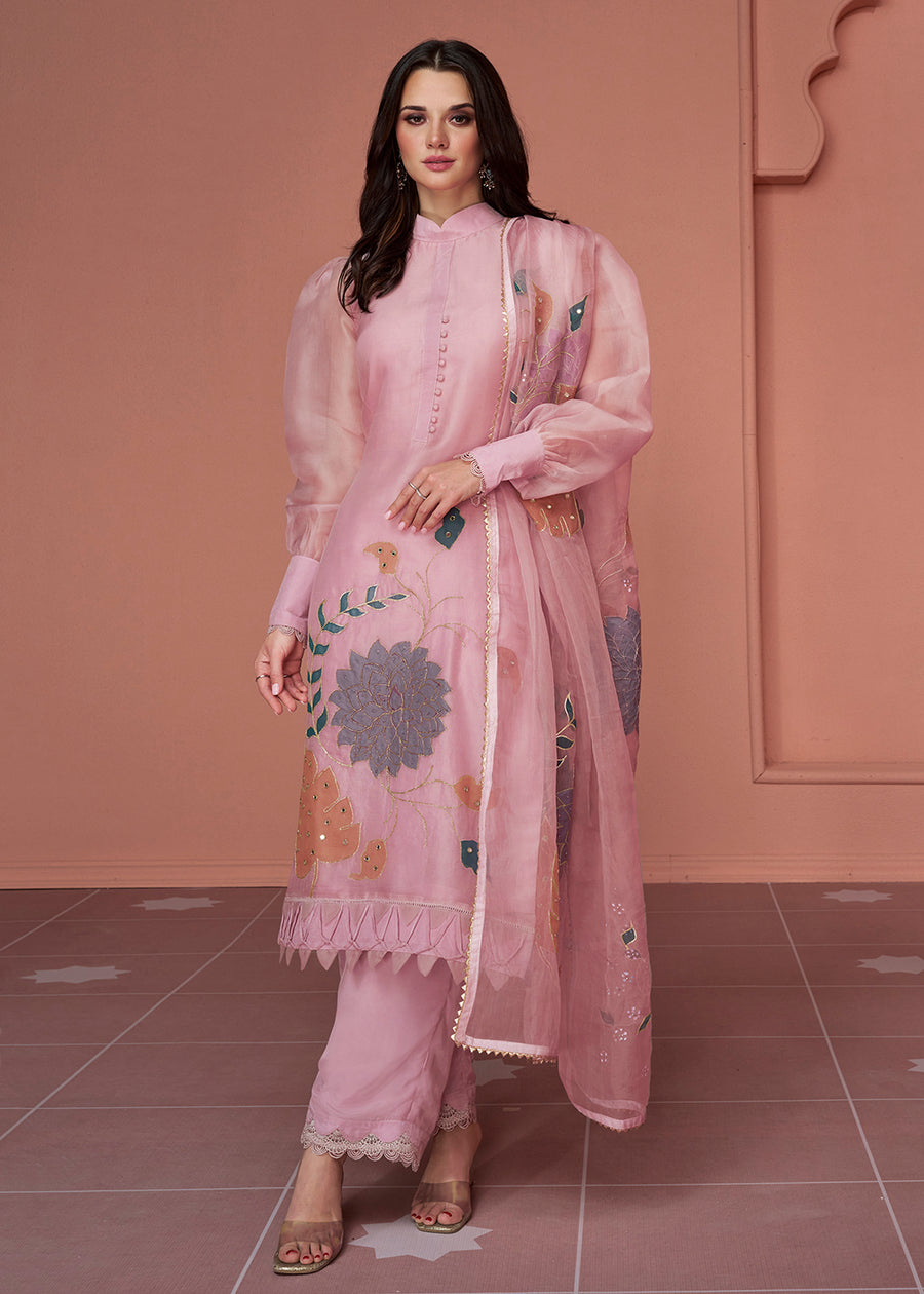 Melon Pink Muslin Weaving Pant Style Salwar Suit