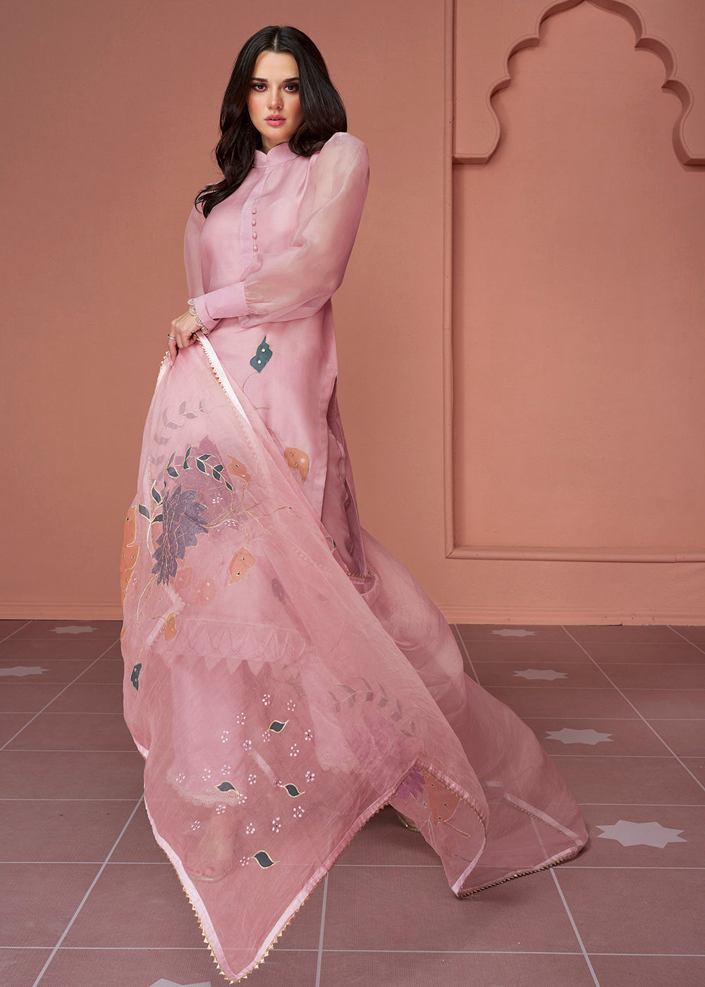 Cherry Pink Muslin Weaving Pant Style Salwar Suit