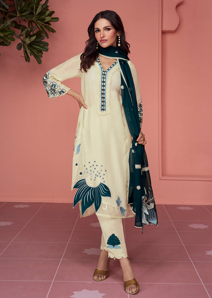 Organza Silk Pretty Cream Pakistani Style Salwar Suit
