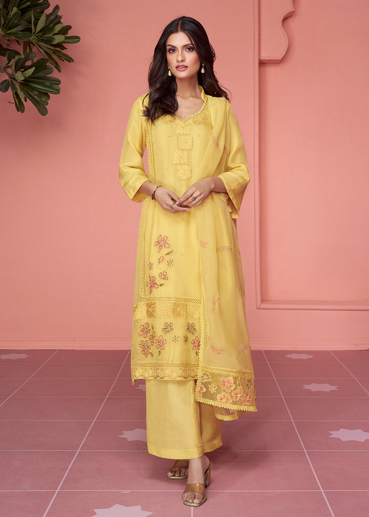 Buy Now Organza Silk Pretty Yellow Pakistani Style Salwar Suit Online in USA, UK, Canada, Germany, Australia & Worldwide at Empress Clothing. 