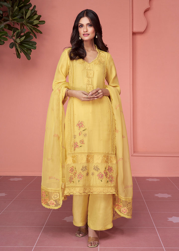 Buy Now Organza Silk Pretty Yellow Pakistani Style Salwar Suit Online in USA, UK, Canada, Germany, Australia & Worldwide at Empress Clothing. 