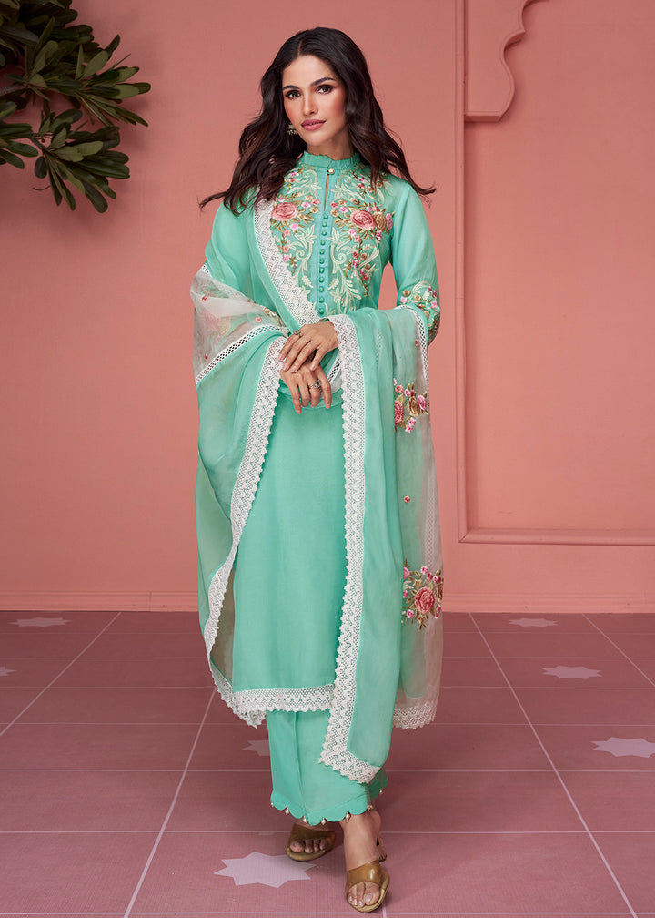 Buy Now Organza Silk Aqua Green Pakistani Style Salwar Suit Online in USA, UK, Canada, Germany, Australia & Worldwide at Empress Clothing. 