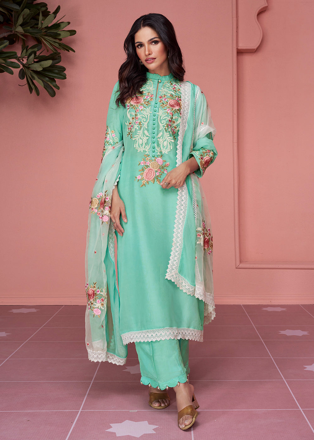 Buy Now Organza Silk Aqua Green Pakistani Style Salwar Suit Online in USA, UK, Canada, Germany, Australia & Worldwide at Empress Clothing. 