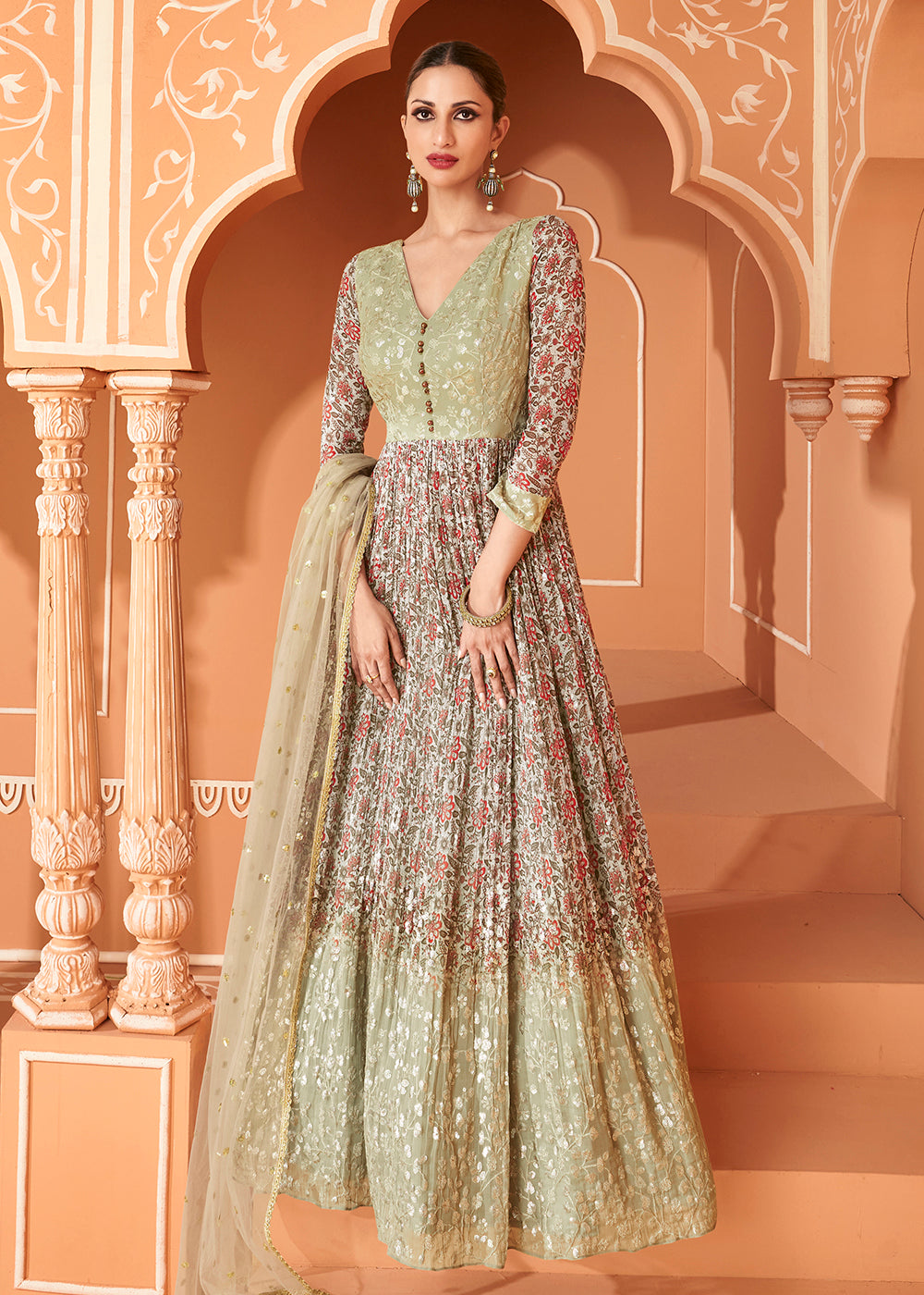 Buy Now Wedding Wear Floral Embroidered Light Green Anarkali Suit Online in USA, UK, Australia, New Zealand, Canada & Worldwide at Empress Clothing.