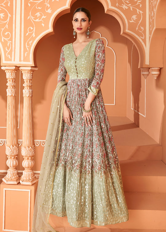 Green All Over Embroidered Net Wedding Anarkali Suit