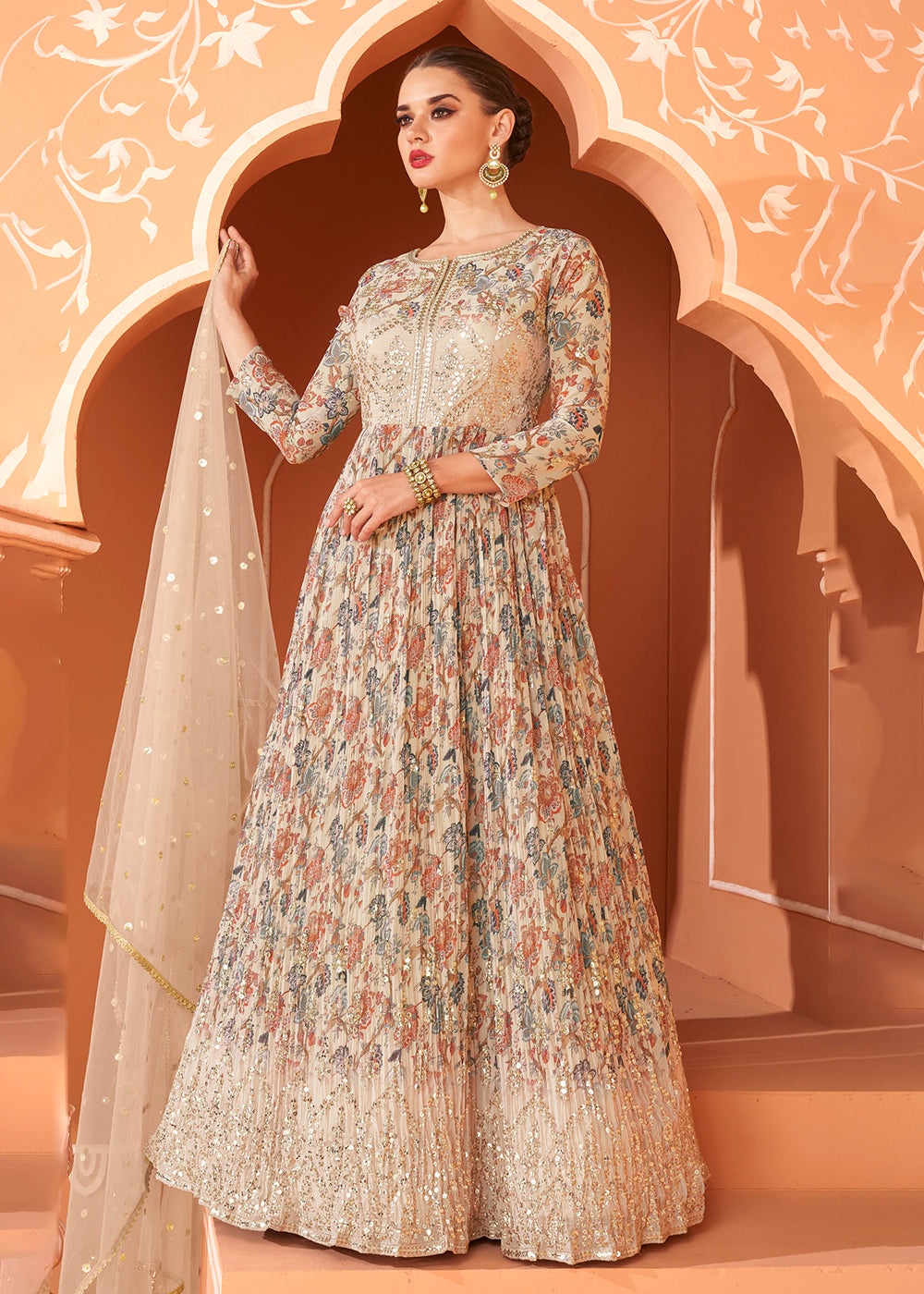 Buy Now Wedding Wear Floral Embroidered Beige Anarkali Suit Online in USA, UK, Australia, New Zealand, Canada & Worldwide at Empress Clothing.