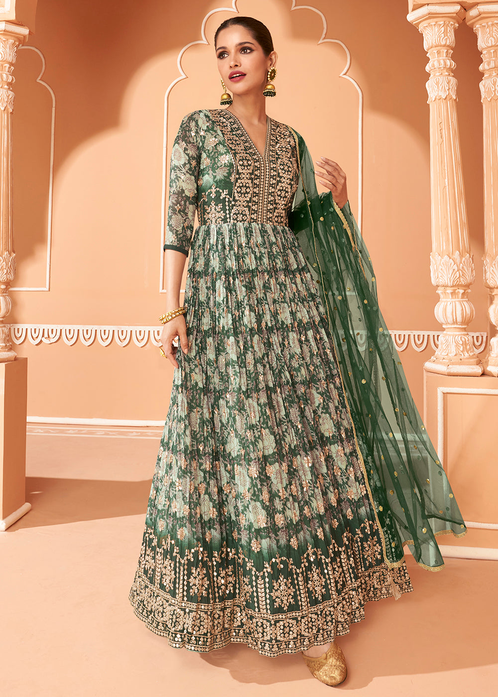 Buy Now Wedding Wear Floral Embroidered Green Anarkali Suit Online in USA, UK, Australia, New Zealand, Canada & Worldwide at Empress Clothing.