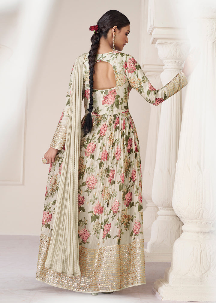 Buy Now Floral Printed Off White Premium Organza Silk Anarkali Suit Online in USA, UK, Australia, New Zealand, Canada & Worldwide at Empress Clothing.