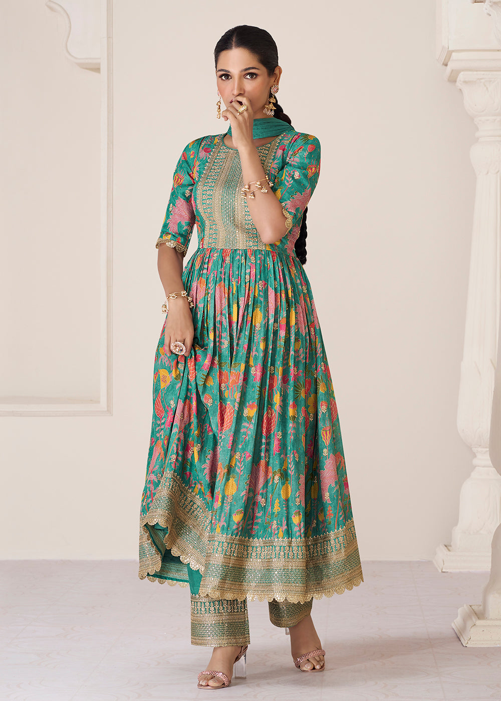 Buy Now Floral Printed Green Premium Organza Silk Anarkali Suit Online in USA, UK, Australia, New Zealand, Canada & Worldwide at Empress Clothing. 