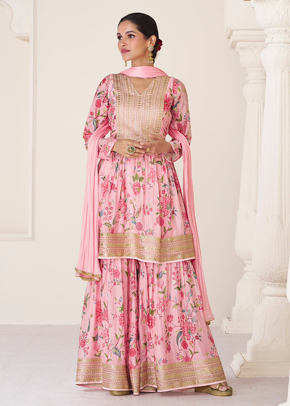 Shop Now Floral Printed Pink Premium Organza Silk Gharara Style Suit Online at Empress Clothing in USA, UK, Canada, Italy & Worldwide.