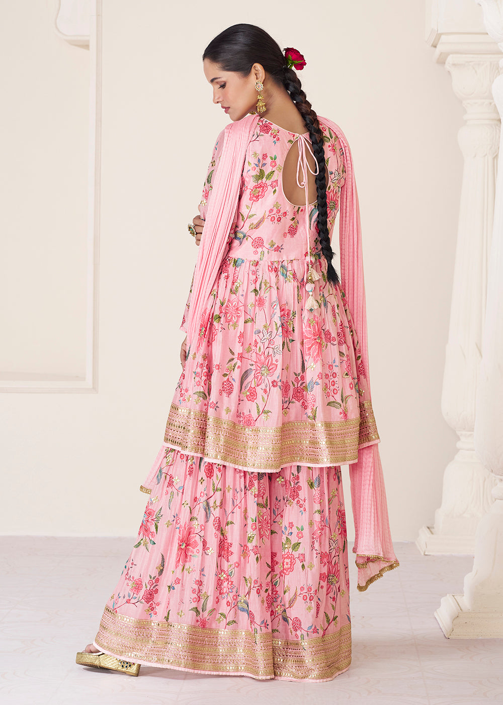 Shop Now Floral Printed Pink Premium Organza Silk Gharara Style Suit Online at Empress Clothing in USA, UK, Canada, Italy & Worldwide.