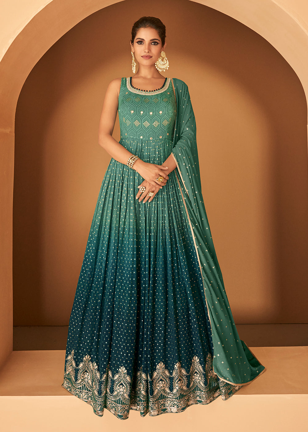 Buy Now Georgette Rama Green Embroidered Designer Wedding Gown Online in USA, UK, Australia, Canada & Worldwide at Empress Clothing. 