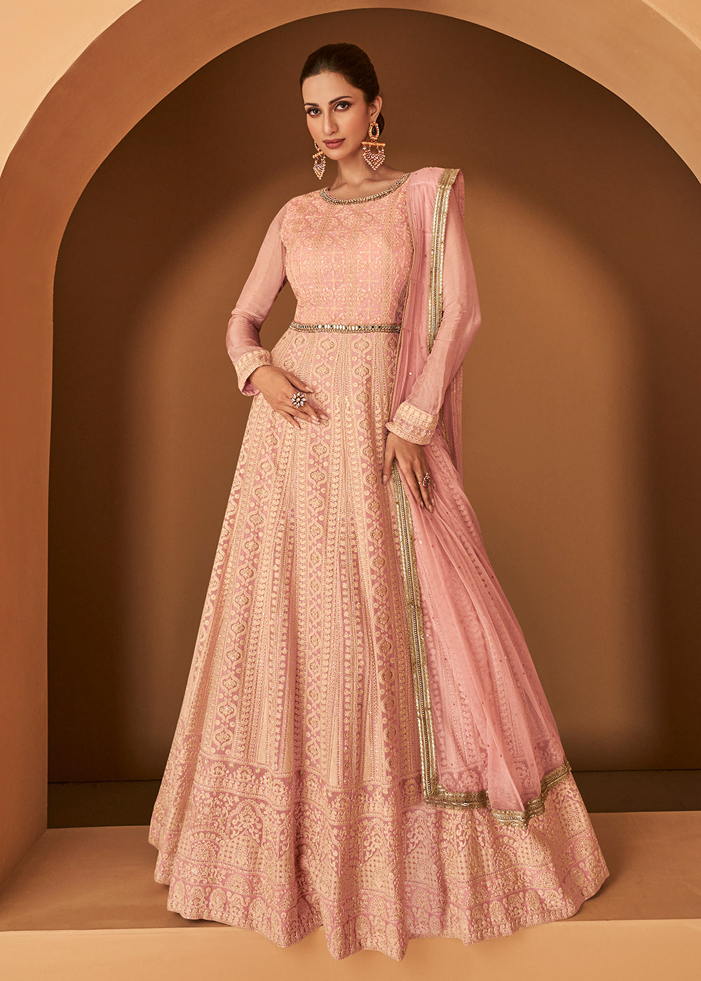 Buy Now Georgette Pretty Peach Embroidered Designer Wedding Gown Online in USA, UK, Australia, Canada & Worldwide at Empress Clothing. 