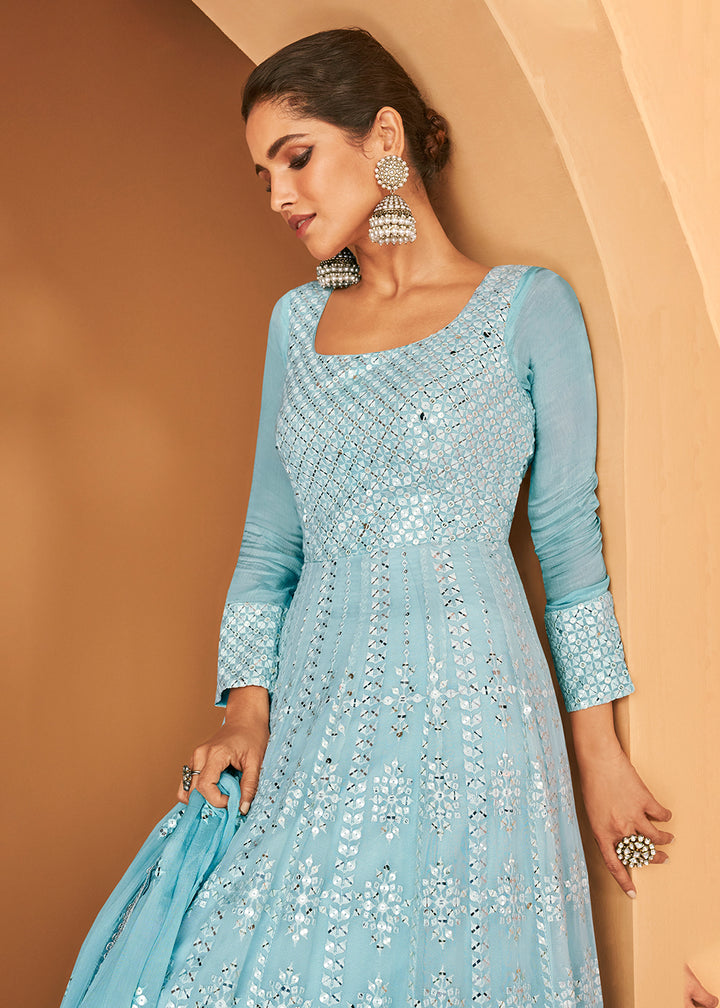 Buy Now Georgette Aqua Blue Embroidered Designer Wedding Gown Online in USA, UK, Australia, Canada & Worldwide at Empress Clothing. 