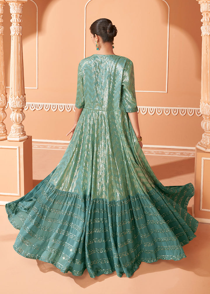 Buy Now Mint Teal Embroidered Chinnon Jacket Style Lehenga Choli Set Online in USA, UK, Canada & Worldwide at Empress Clothing. 