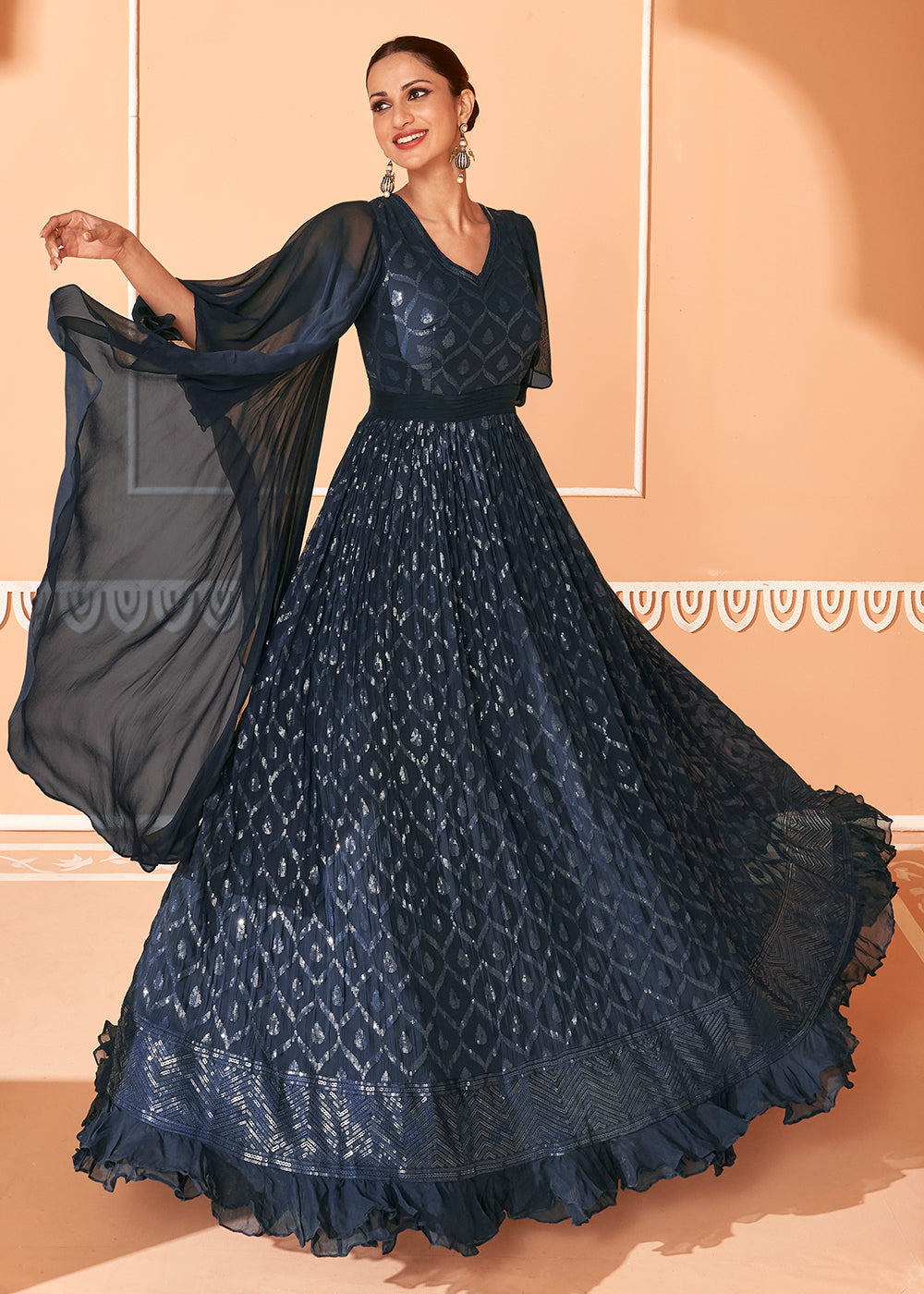 Buy Now Midnight Blue Georgette Embroidered Party Wear Designer Gown Online in USA, UK, Australia, Canada & Worldwide at Empress Clothing.