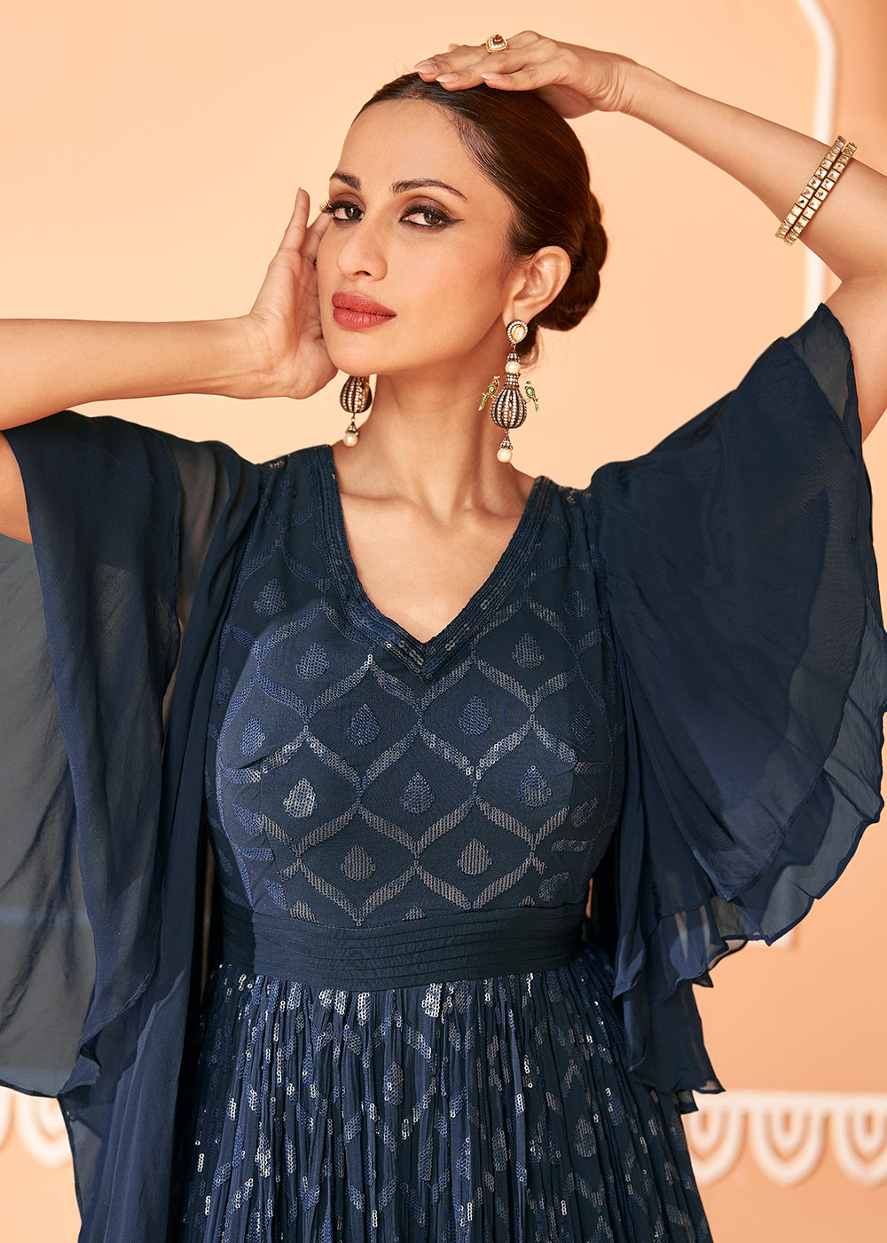 Buy Now Midnight Blue Georgette Embroidered Party Wear Designer Gown Online in USA, UK, Australia, Canada & Worldwide at Empress Clothing.