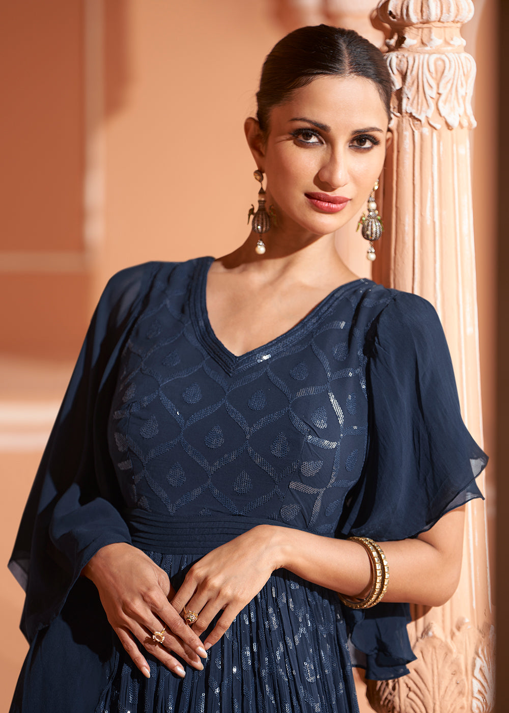 Buy Party Wear Designer Gown -Midnight Blue Georgette Embroidered Gown Empress Clothing Buy Party Wear Designer Gown -Midnight Blue Georgette Embroidered Gown Empress Clothing