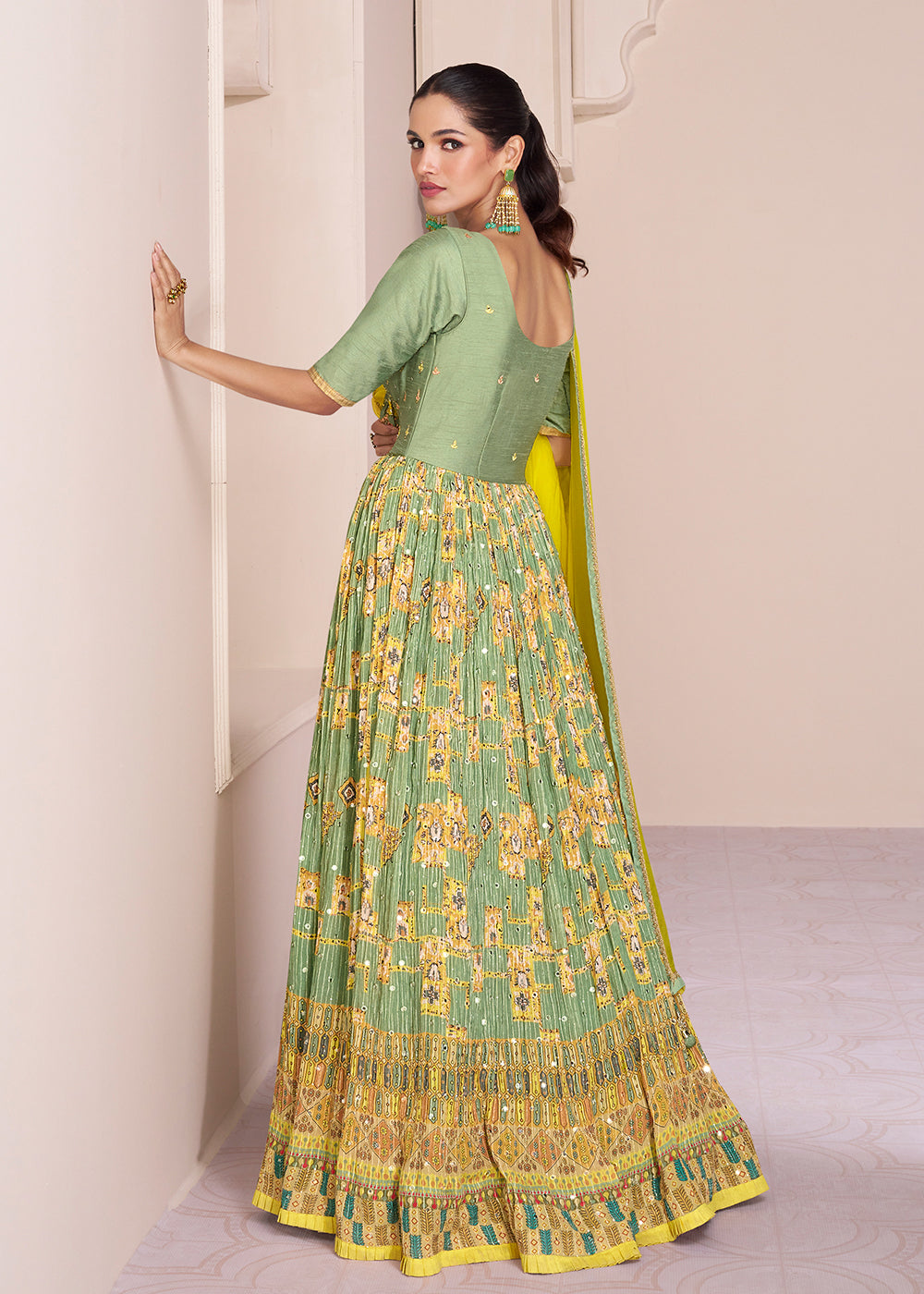 Buy Now Green & Yellow Chinnon Silk Printed & Embroidered Anarkali Dress Online in USA, UK, Australia, New Zealand, Canada & Worldwide at Empress Clothing.