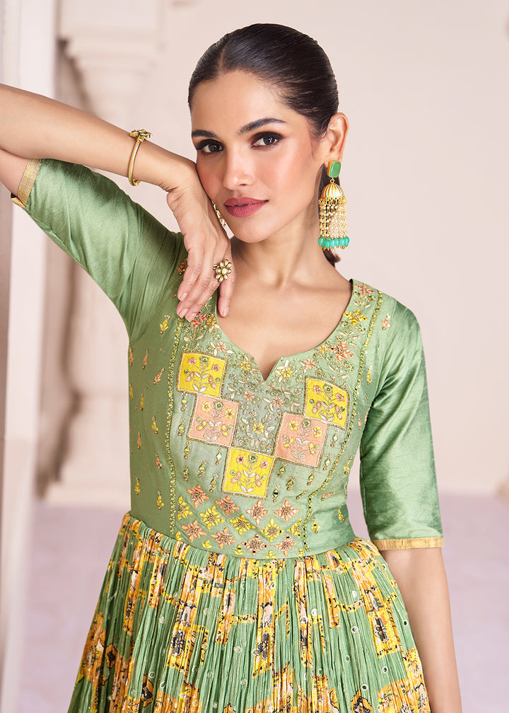 Buy Now Green & Yellow Chinnon Silk Printed & Embroidered Anarkali Dress Online in USA, UK, Australia, New Zealand, Canada & Worldwide at Empress Clothing. 
