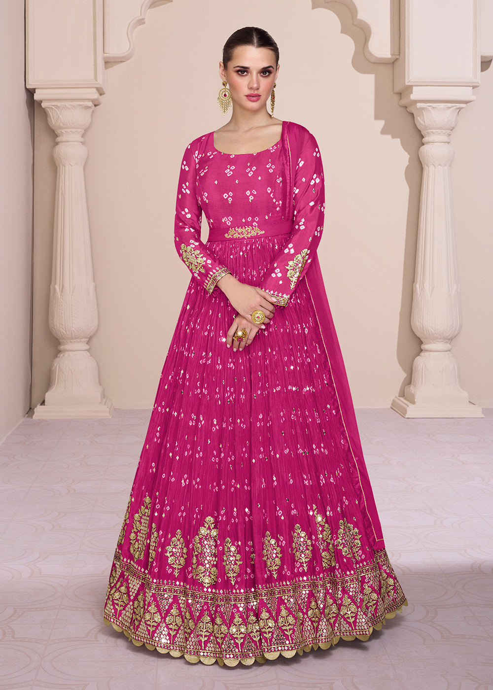 Magenta Pink Georgette Printed & Embroidered Anarkali Dress