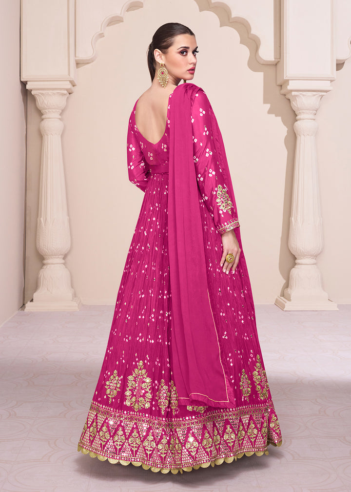 Magenta Pink Georgette Printed & Embroidered Anarkali Dress