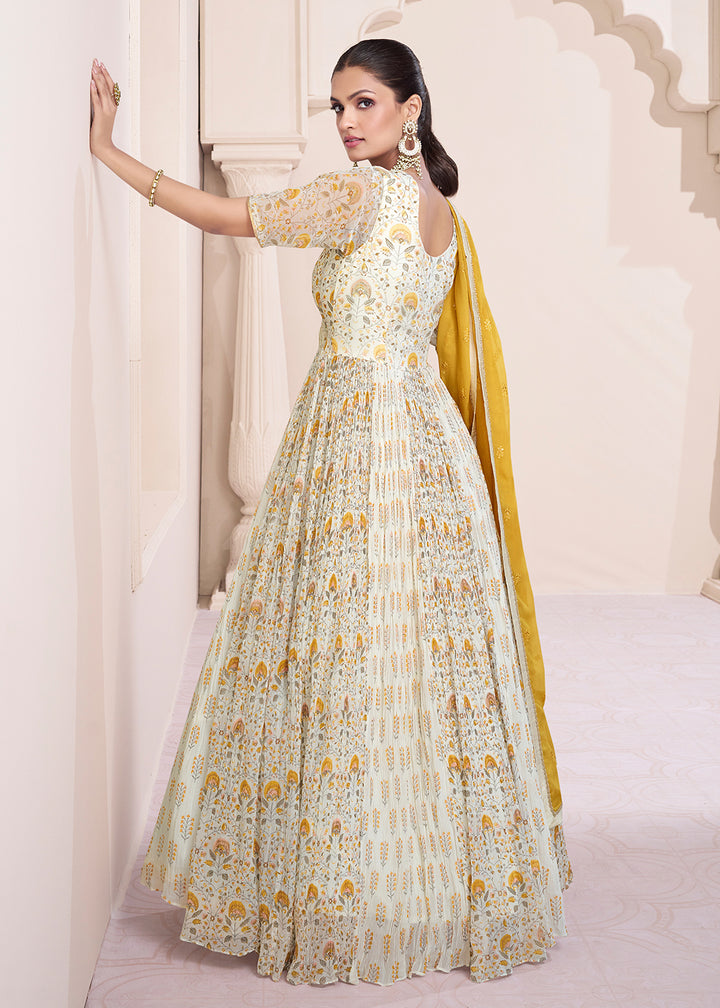 Buy Now Ivory & Mustard Georgette Printed & Embroidered Anarkali Dress Online in USA, UK, Australia, New Zealand, Canada & Worldwide at Empress Clothing. 