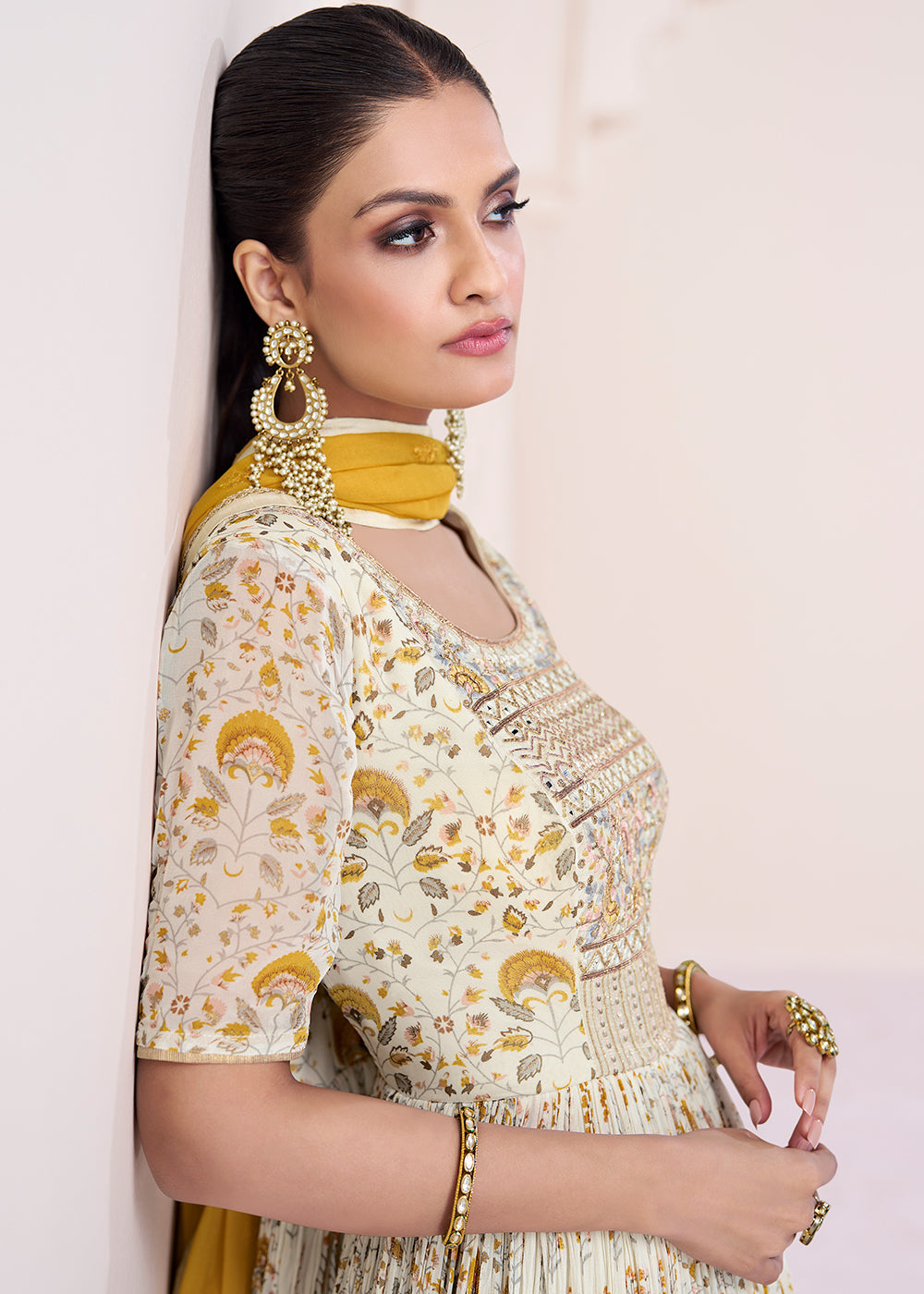 Buy Now Ivory & Mustard Georgette Printed & Embroidered Anarkali Dress Online in USA, UK, Australia, New Zealand, Canada & Worldwide at Empress Clothing. 