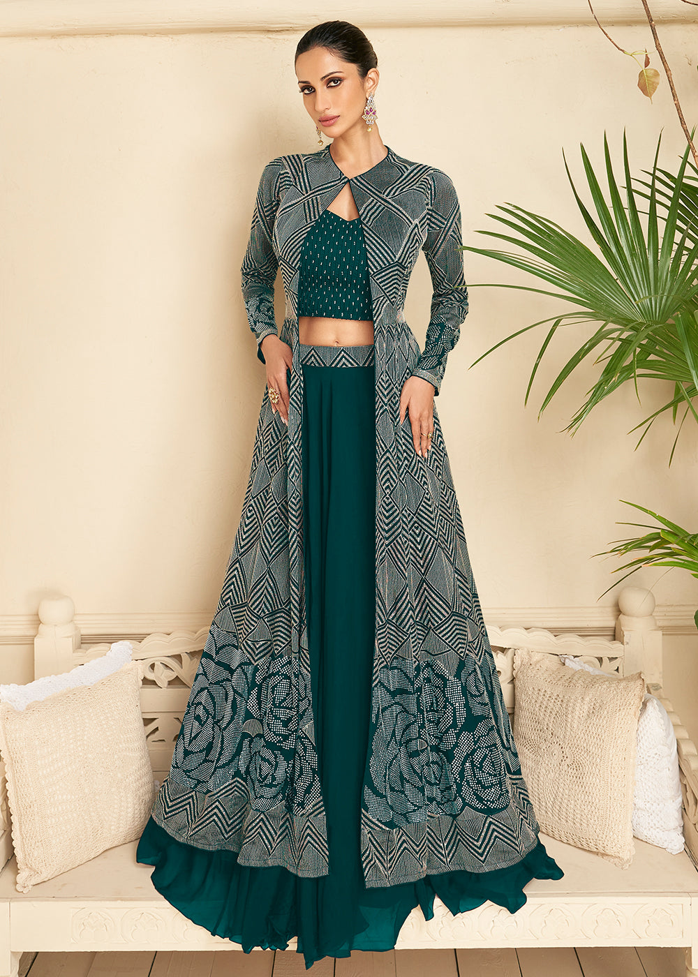 Buy Now Teal Green Jacket Style Wedding Party Lehenga Skirt Suit Online in USA, UK, Canada & Worldwide at Empress Clothing.