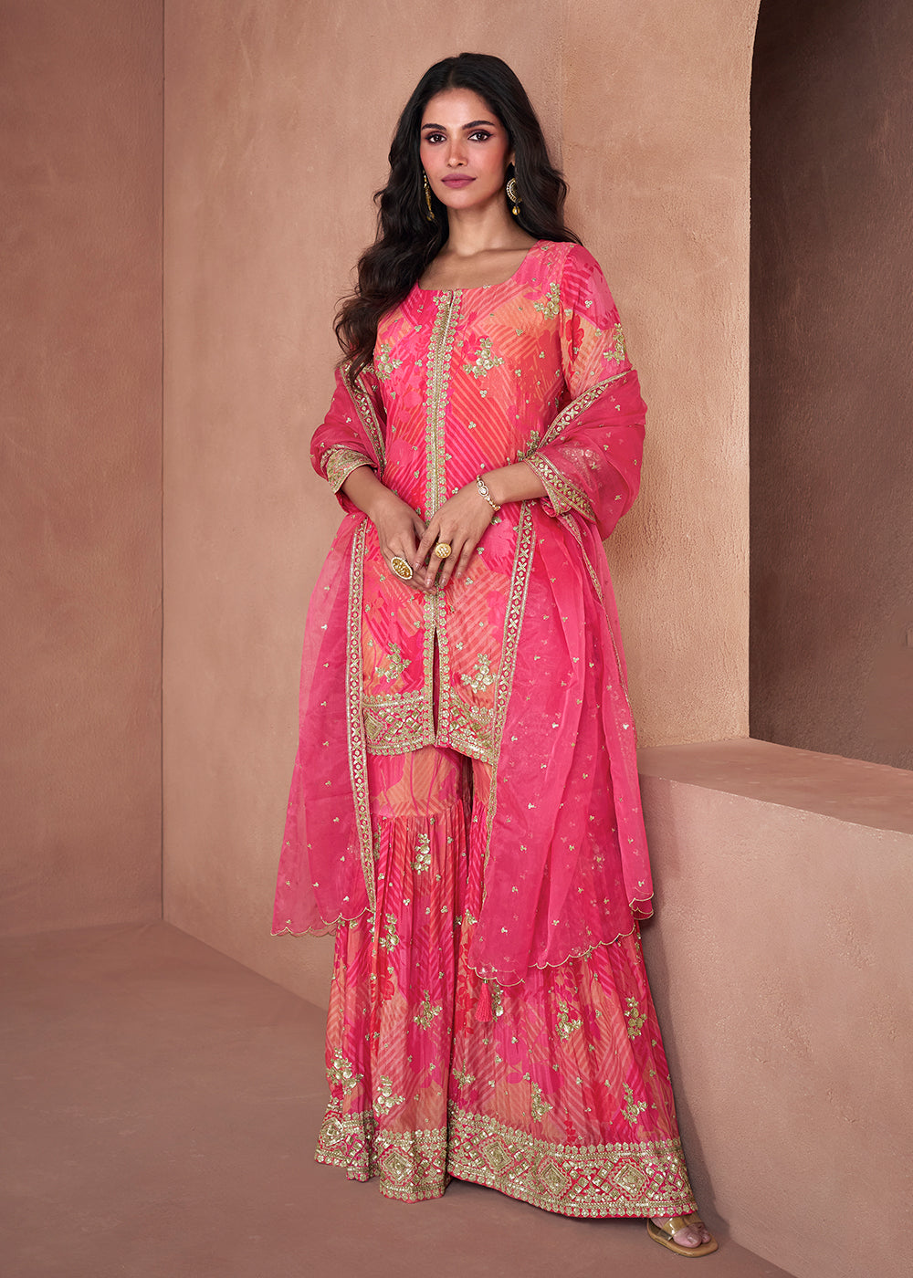 Shop Now Coral & Pink Real Georgette Printed Gharara Suit Online at Empress Clothing in USA, UK, Canada, Italy & Worldwide. 