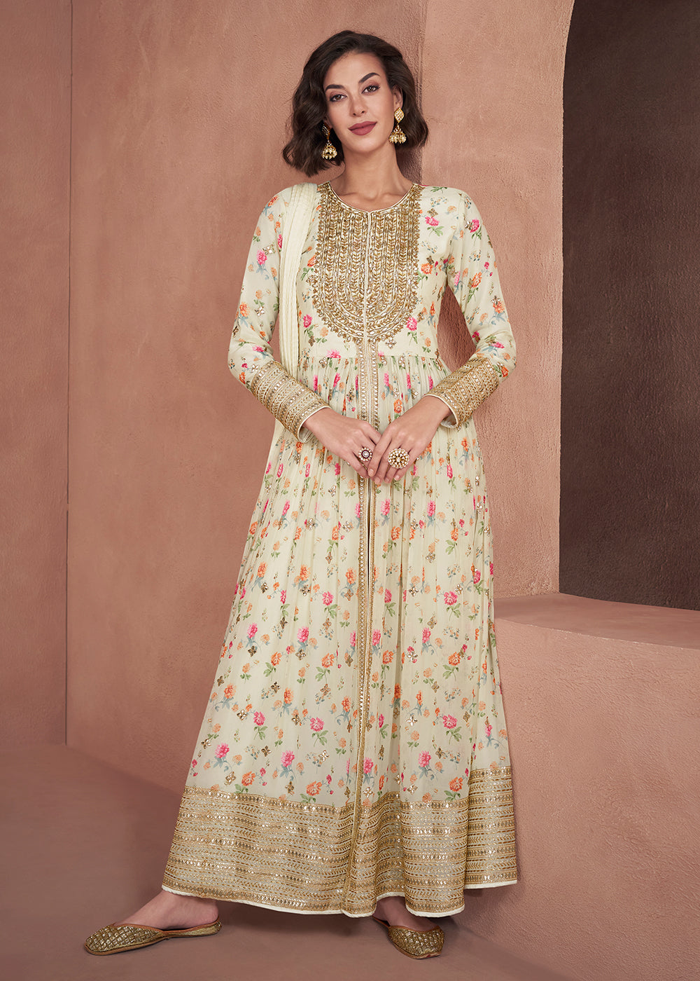 Buy Now Ivory Real Georgette Embroidered & Printed Anarkali Suit Online in USA, UK, Australia, New Zealand, Canada & Worldwide at Empress Clothing.