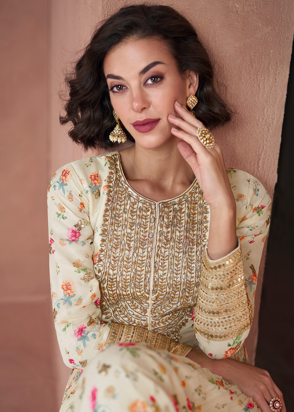Buy Now Ivory Real Georgette Embroidered & Printed Anarkali Suit Online in USA, UK, Australia, New Zealand, Canada & Worldwide at Empress Clothing.