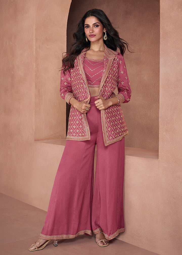 Buy Now Rosewood Pink Chinnon Silk 3-Piece Indo Western Dress Online in USA, UK, Canada, Germany, Australia & Worldwide at Empress Clothing.