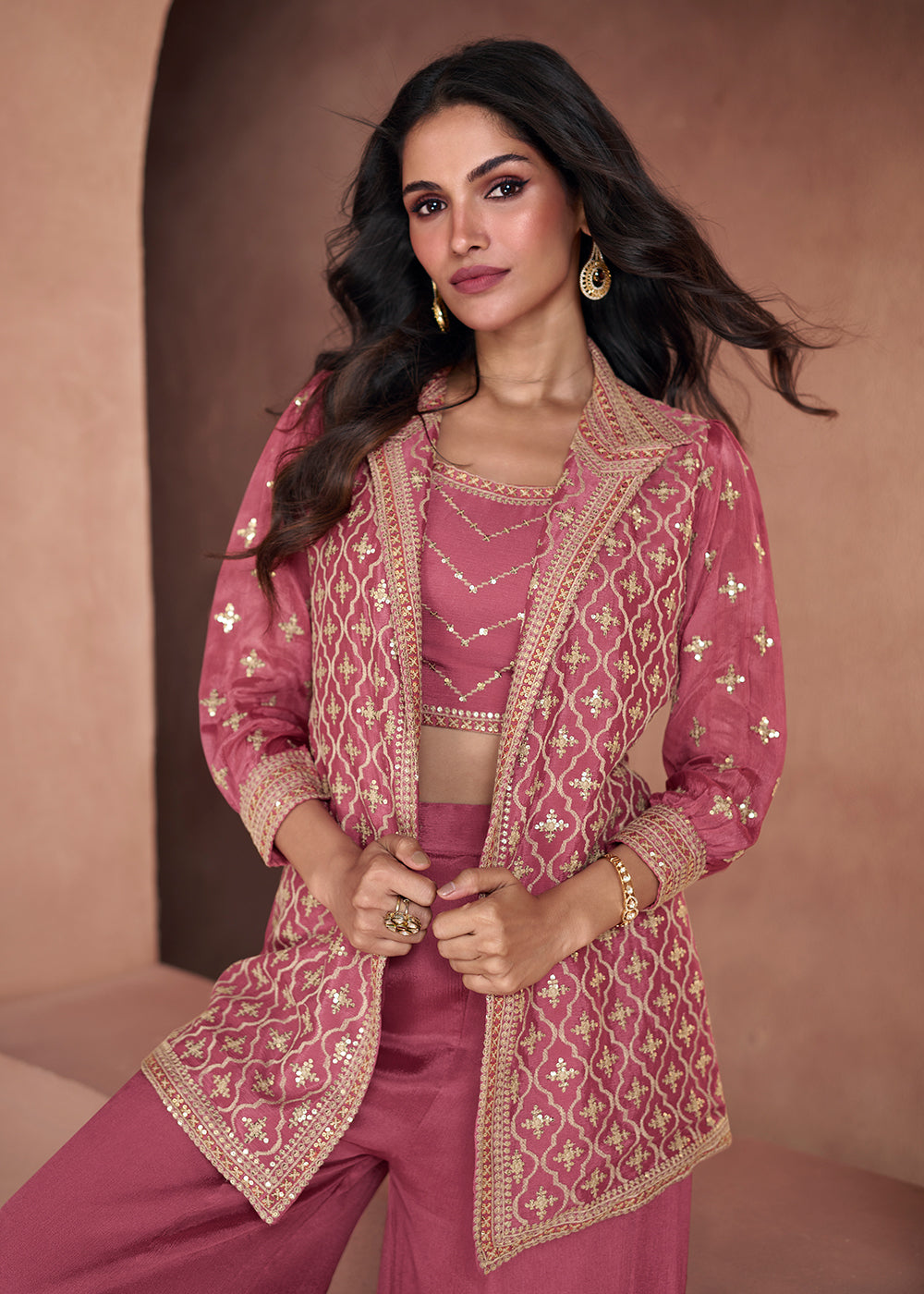 Buy Now Rosewood Pink Chinnon Silk 3-Piece Indo Western Dress Online in USA, UK, Canada, Germany, Australia & Worldwide at Empress Clothing.