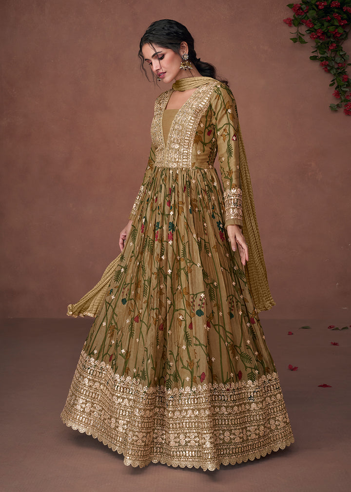 Buy Now Digital Printed Mehndi Green Organza Silk Designer Anarkali Gown Online in USA, UK, Australia, Canada & Worldwide at Empress Clothing.