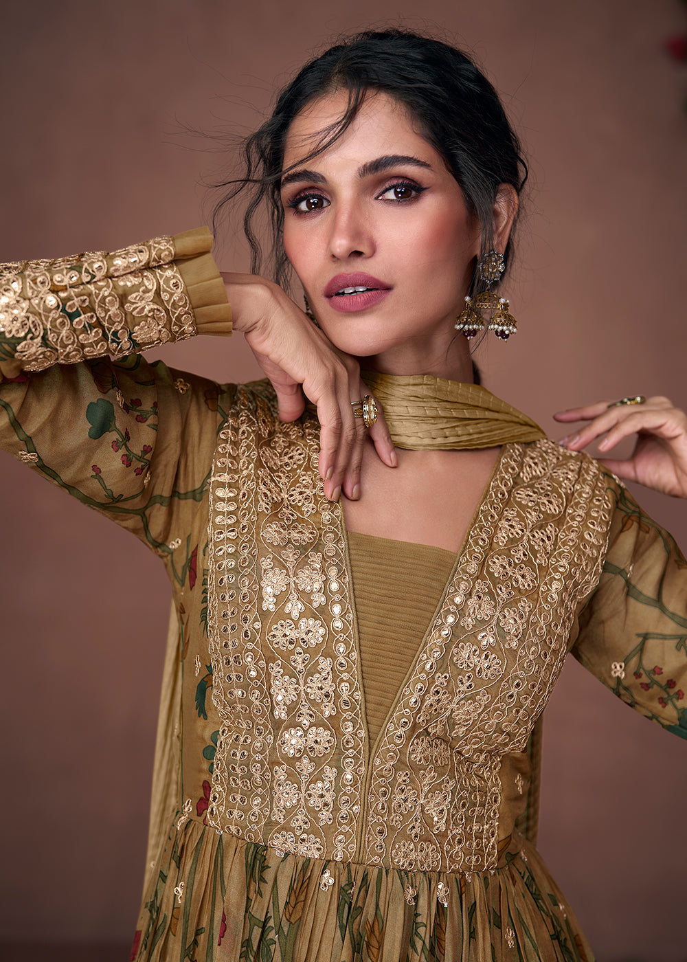 Buy Now Digital Printed Mehndi Green Organza Silk Designer Anarkali Gown Online in USA, UK, Australia, Canada & Worldwide at Empress Clothing.