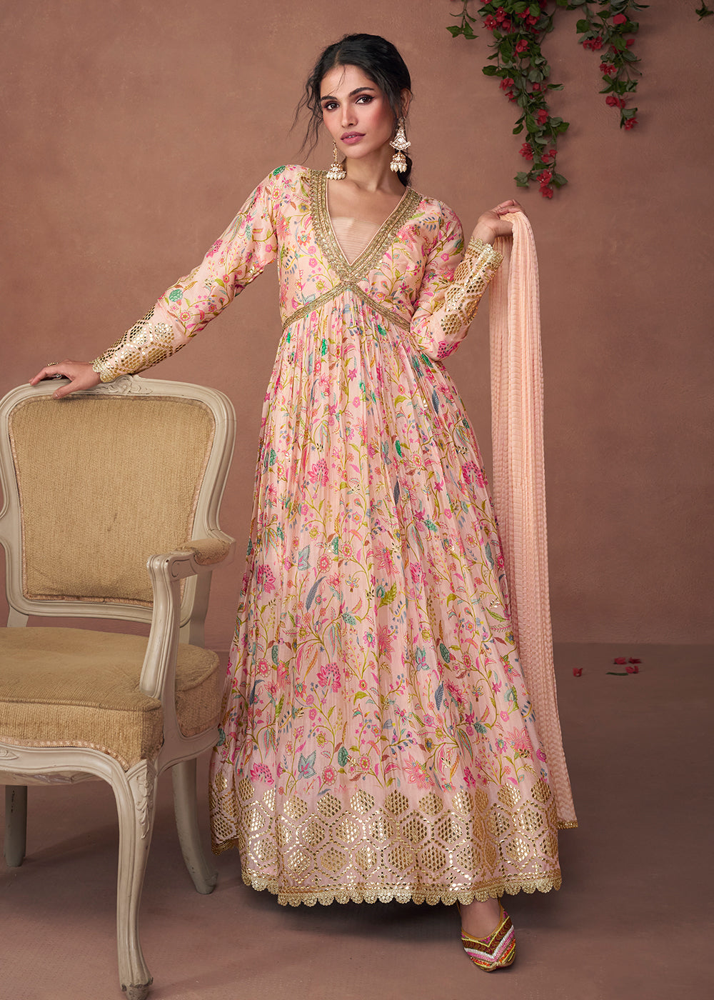 Buy Now Digital Printed Blush Peach Organza Silk Designer Anarkali Gown Online in USA, UK, Australia, Canada & Worldwide at Empress Clothing.
