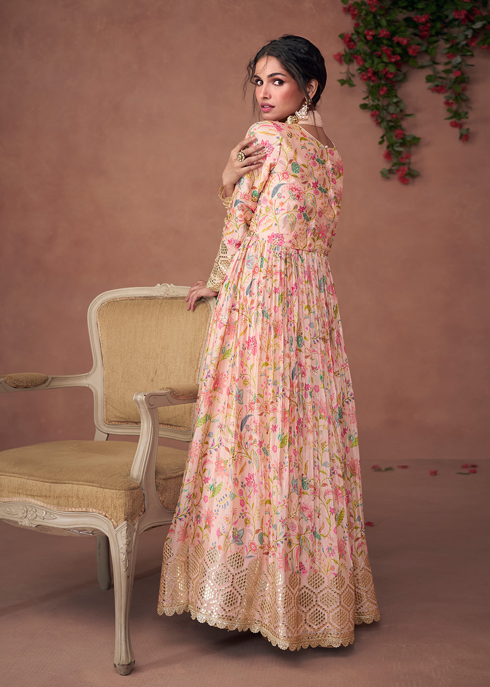 Buy Now Digital Printed Blush Peach Organza Silk Designer Anarkali Gown Online in USA, UK, Australia, Canada & Worldwide at Empress Clothing.