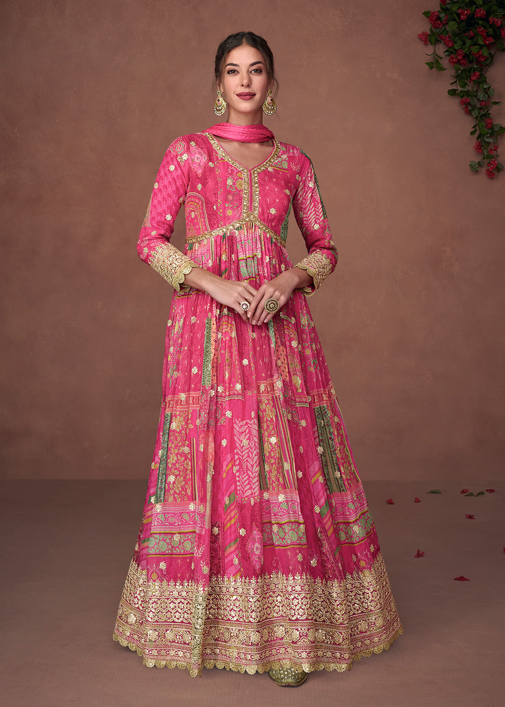 Buy Now Digital Printed Fuchsia Pink Organza Silk Designer Anarkali Gown Online in USA, UK, Australia, Canada & Worldwide at Empress Clothing.