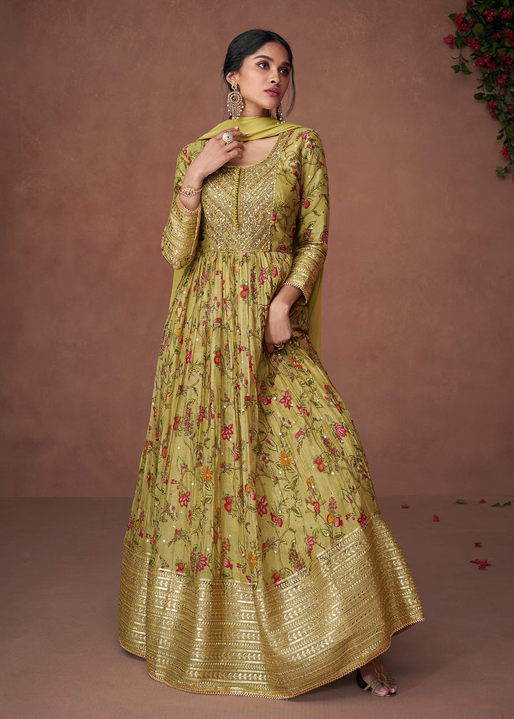 Buy Now Digital Printed Olive Green Organza Silk Designer Anarkali Gown Online in USA, UK, Australia, Canada & Worldwide at Empress Clothing. 