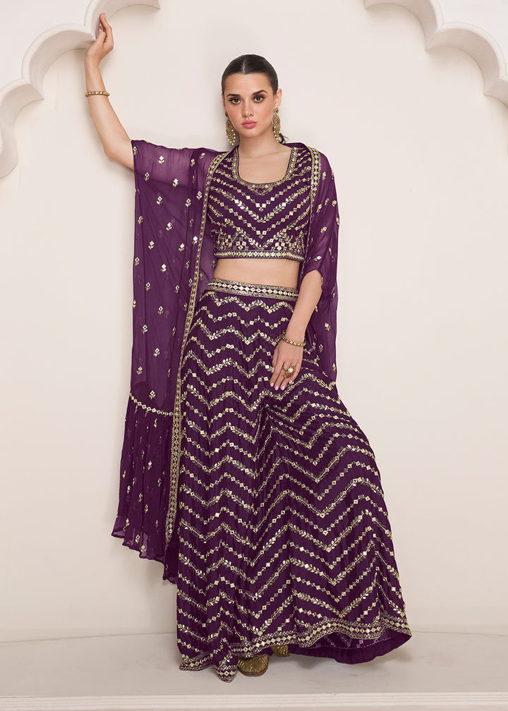 Shop Now Party Plum Purple Embroidered Crop Top Style Sharara Suit Online at Empress Clothing in USA, UK, Canada, Italy & Worldwide. 