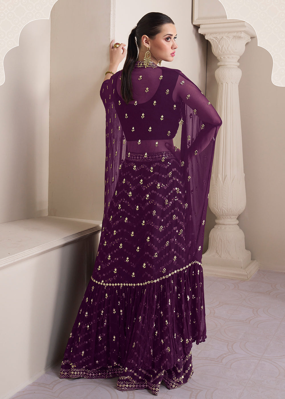 Shop Now Party Plum Purple Embroidered Crop Top Style Sharara Suit Online at Empress Clothing in USA, UK, Canada, Italy & Worldwide. 