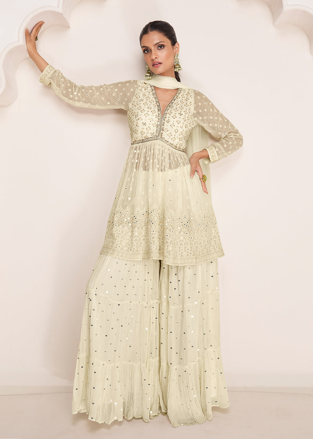 Buy Luxury Designer Pure Silk Sharara Suits Online at Shanti Banaras