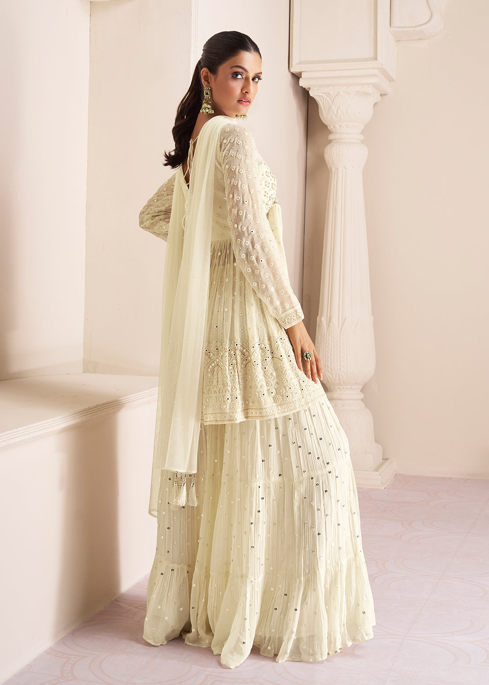 Shop Now Party Ivory Cream Embroidered Peplum Style Sharara Suit Online at Empress Clothing in USA, UK, Canada, Italy & Worldwide.