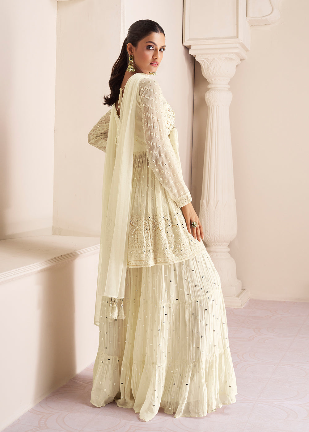 Buy Peplum Style Sharara Suit Party Ivory Cream Embroidered Suit