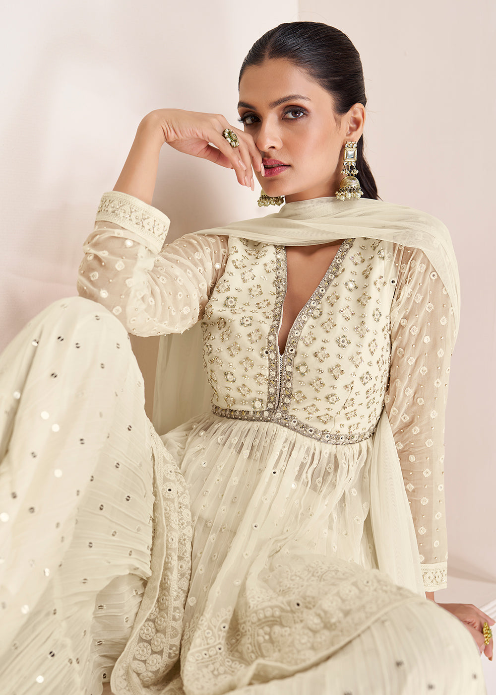 Buy Peplum Style Sharara Suit Party Ivory Cream Embroidered Suit