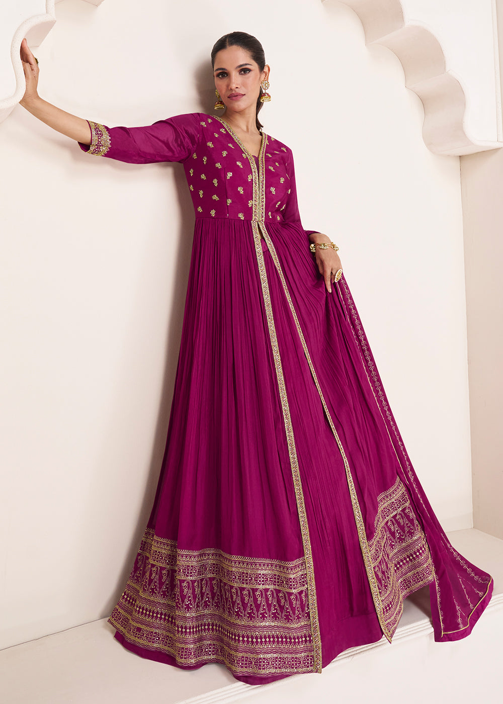 Buy Now Party Magenta Plum Embroidered Skirt Style Anarkali Suit Online in USA, UK, Australia, New Zealand, Canada & Worldwide at Empress Clothing.