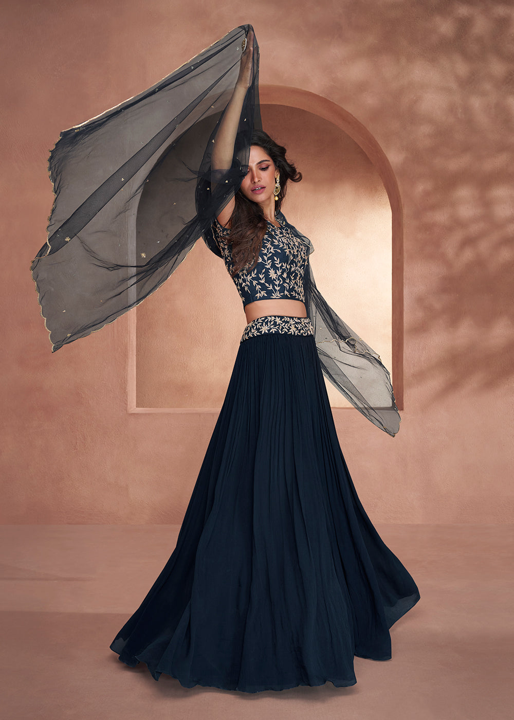 Buy Now Midnight Blue Premium Silk Designer Party Wear Lehenga Choli Online in USA, UK, Canada & Worldwide at Empress Clothing.