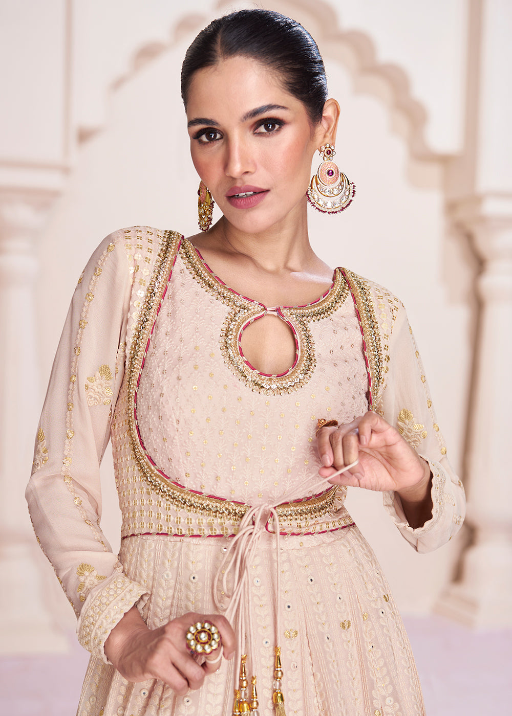 Buy Now Lucknowi Style Embroidered Beige Georgette Wedding Anarkali Gown Online in USA, UK, Australia, Canada & Worldwide at Empress Clothing.