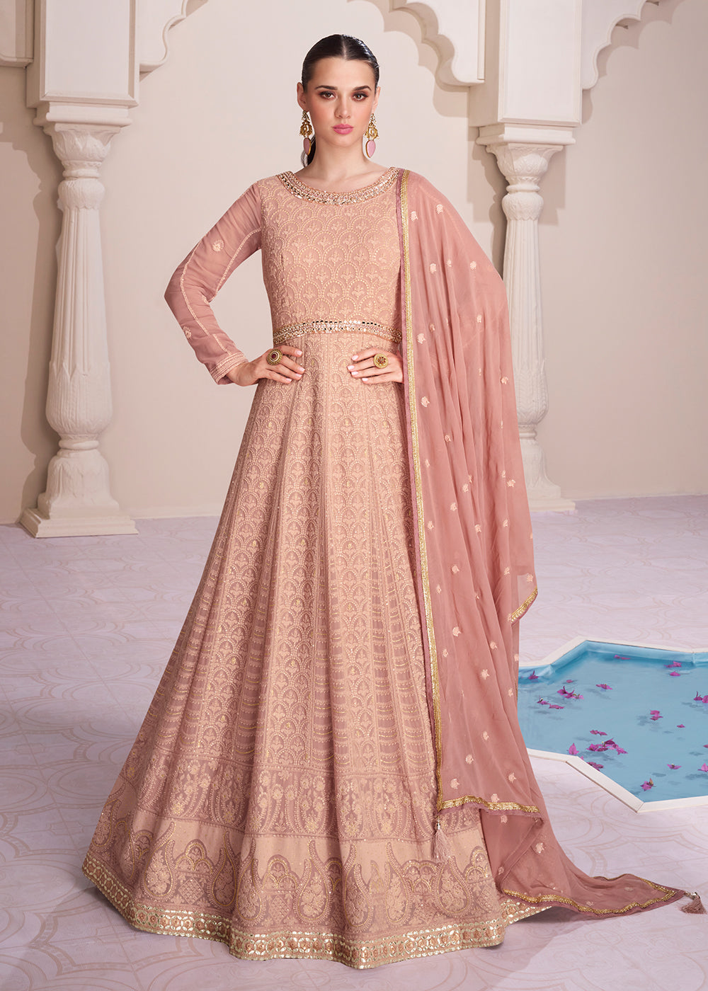 Buy Now Lucknowi Style Embroidered Peach Georgette Wedding Anarkali Gown Online in USA, UK, Australia, Canada & Worldwide at Empress Clothing. 
